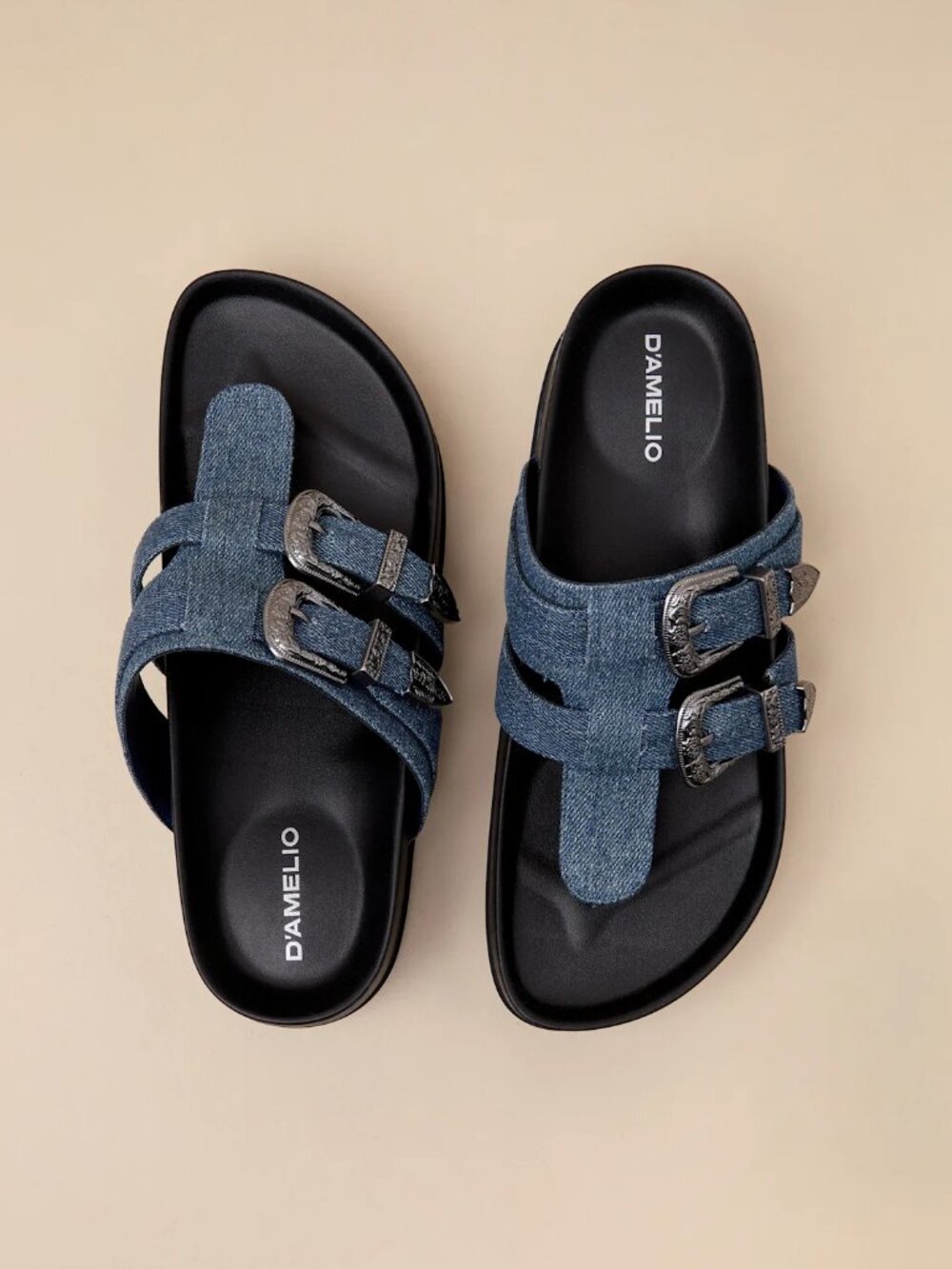 D’Amelio Black Denim Buckle Thong Sandals
